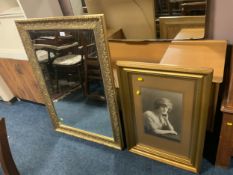 A large modern gilt rectangular wall mirror together with a Victorian portrait print and another