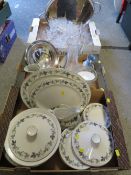 Three trays of assorted metal ware, ceramics and glass to include approx. 40 pieces of Royal Doulton