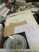 A tray of ephemera to include scrap books, pencil drawings, two volumes of London illustrated news