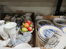 Two trays of assorted ceramics to include a collection of Mad O' Rourke's plates, Aynsley vases etc