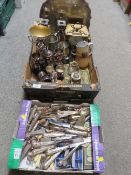 A tray of assorted metal ware etc together with a small tray of flatware to include Kings Pattern