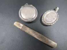 A hallmarked silver carpenters pencil holder and patch case together with a white metal victorian