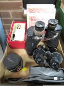 A tray of assorted collectables to include a pair of military binoculars with crows foot mark and