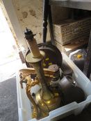 A tray of assorted metal ware to include a tilly lamp, brass table lamp etc., A/F