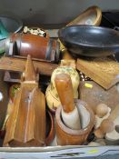 A tray of assorted treen to include a chess set , music boxes etc