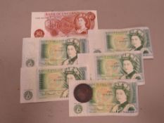 Five £1 notes, One 10 shilling note, 1797 Penny