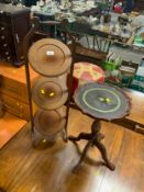 An Edward oak inlaid dumbwaiter together with a reproduction wine table