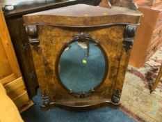 A small Victorian walnut mirror fronted corner cabinet together with two occasional tables