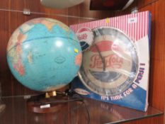 A retro style Pepsi Cola wall clock in box together with a modern illuminated world globe