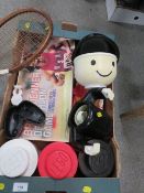 A box of vintage toys and games to include Lego stacking boxes