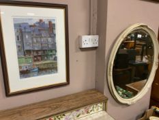 A modern cream oval mirror to go with a gilt rectangular mirror and two signed prints