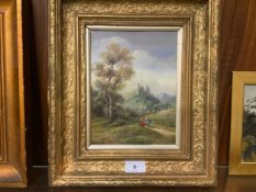 A 19 century oil on copper depicting figures below a hilltop castle signed but indistinct