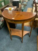 An antique mahogany and satinwood inlaid demi lune side table W 76 cm
