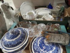 Two trays of ceramics and glass to include a metal model of Tower Bridge London, a pair of