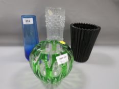Green and clear flash cut vase together with a selection of three other studio glass vases