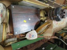 A box of vintage items to include writing slope, porthole mirror and tilly lamp etc