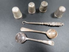 Silver and white metal thimbles, miniature button hook, mustard spoons etc