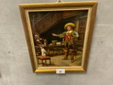 A small naive oil on board depicting a cavalier and a dog