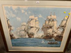 A large signed Montague Dawson print The Battle of Trafalgar 78 x 94 cm