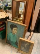 A collection of assorted pictures and prints to include a portrait, rectangular mirror, etc.