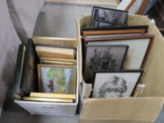 Two trays of assorted pictures, prints and paintings