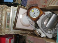A tray of assorted pictures etc to include a Comitti eight day mantle clock