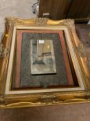An antique Eastern framed mirror together with a modern gilt frame and an oak framed mirror