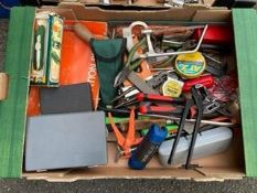 A tray of tools to include mastic gun, Stanley tape measure, screwdrivers, wrench, plincerts,