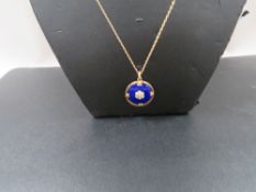 A Victorian enamel pendant necklace set with single diamond and pearls - chain marked 9ct