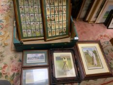 A tray of assorted pictures and prints to include predominantly cricketing examples and cigarette