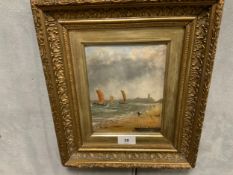 A naïve oil on board depicting a coastal scene