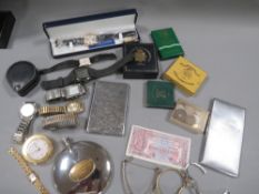 A tray of collectables to include watches, cigarette cases, coins etc