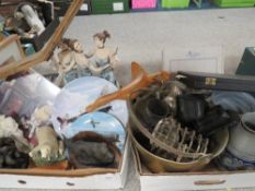 Two trays of assorted items to include a brass jam pan, Heredities dog figure etc