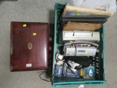 A selection of vintage radios, records and a retro canteen of cutlery