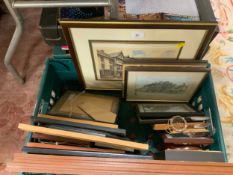 A tray of assorted pictures and prints to include a modern barometer