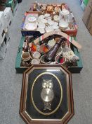 Three trays of assorted ceramics and collectables to include cottage ware, Royal Albert Lavender