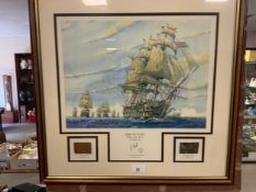 A large quantity of naval and military pictures and prints to include HMS Victory with pieces of oak