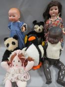 A selection of vintage dolls and bears to include three bisque headed dolls, one marked 390 A 6 M to