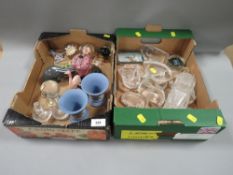 Two trays of glass and ceramics to include Wedgwood jasperware`, Phoenician glass mushroom