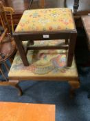 A vintage walnut cabriole leg stool together with an oak stool