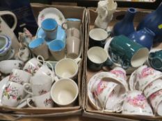 Two trays of assorted ceramics and tea ware to include Dartington glass etc