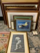 A large quantity of assorted pictures and prints to include cricketing examples, dogs,