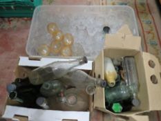 A tray of assorted glass ware to include cut glass together with two boxes of vintage bottles