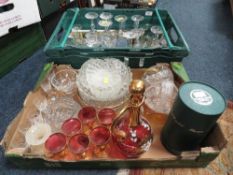 Two trays of assorted glassware to include a Bohemian decanter and four glasses etc