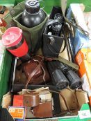 A tray of binoculars and cameras etc., to include a military water bottle