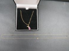 A hallmarked 18ct gold pink sapphire and diamond pendant and chain, approx. weight 3.8 g