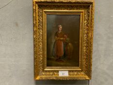 An antique oil on board depicting two female figures