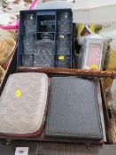 A tray of assorted flatware, together with glassware, a clock and a truncheon etc