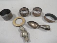 A bag of collectables to include a hallmarked silver napkin ring
