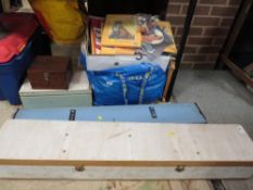 Two knitting machines and accessories together with a box of cross stitch kits and a bag of yarn